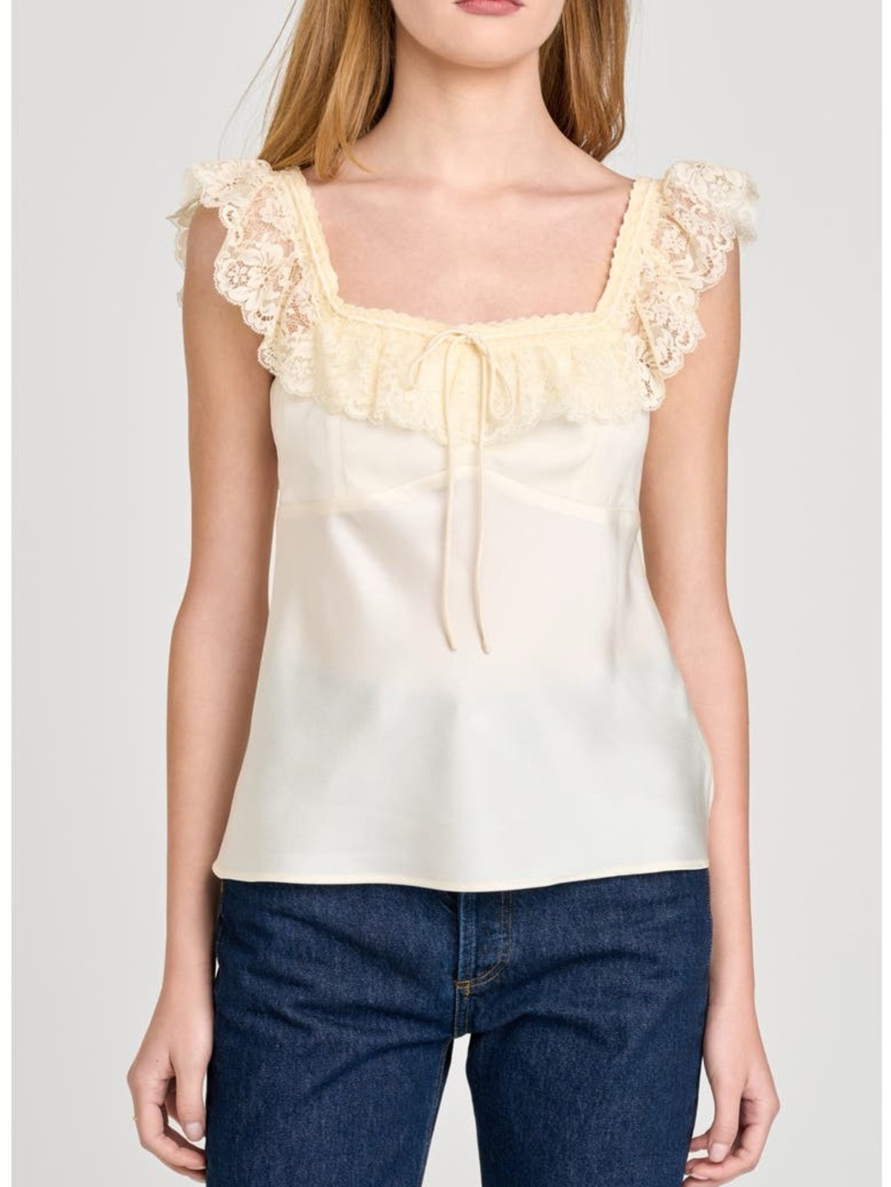 Wayf Lace-Trim Cream Satin Tank Top